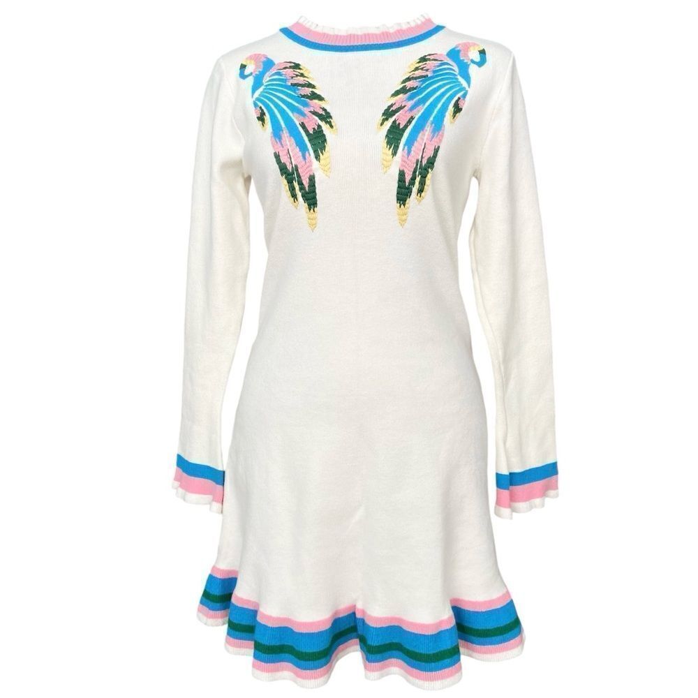 Boho Vibe Parrot Embroidered Mini Sweater Dress in Size Medium - Picture 3 of 14